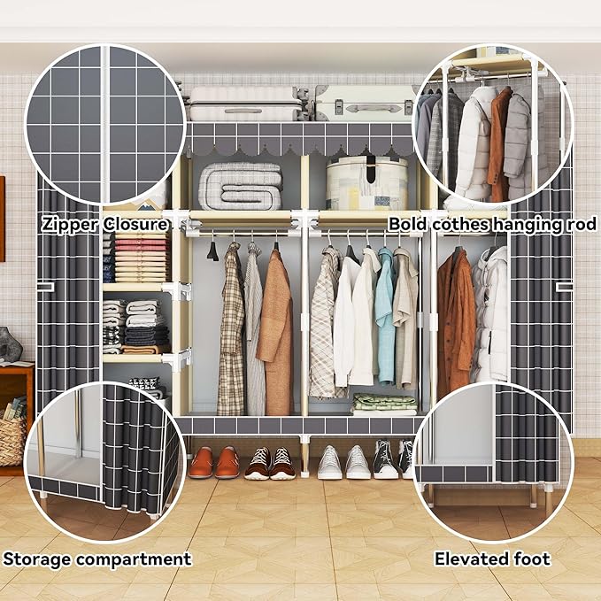 Portable Wardrobe Closet Durable and Easy to Assemble Heavy Duty Clothes Rack with Non-Woven Cover Fabric Best for Bedroom and Easy Storage and Organization (Grey-F)