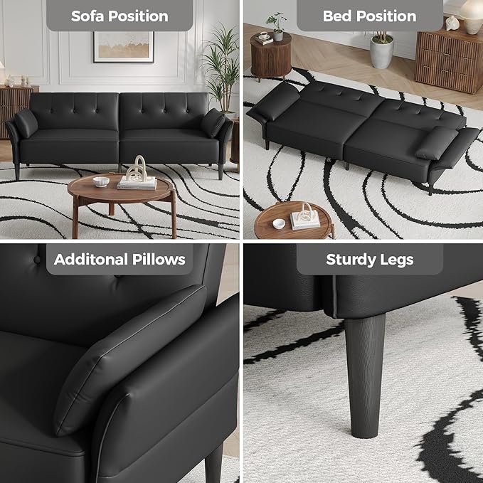 89” Futon Sofa Bed,Futon Couch Bed with 2 Square Pillows,Convertible Sleeper Sofa with Adjustable Backrest& Armrests, Modern Loveseat Sleeper for Living Room, Bedroom,Faux Leather Black