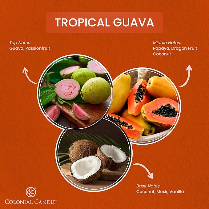 Colonial Candle Tropical Guava Scented Jar Candle, Pop of Color Collection, 3 Wick, 14.5 oz - Up to 60 Hours Burn