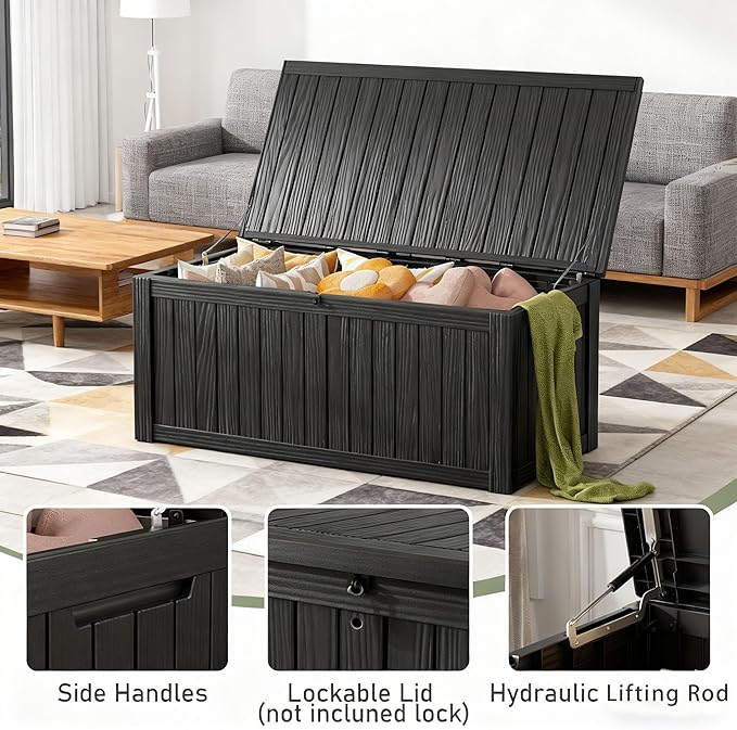 Outdoor Storage Box, Resin Deck Boxes Indoor and outdoor, Waterproof Storage Box Lockable Lid (Black, 150 Gallon)