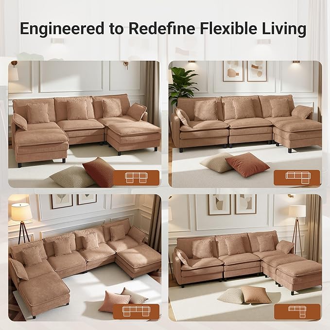 Claiks 110" Modular Sectional Sofa, Cloud Couch with Ottoman, U-Shaped 5-Seater Sofa in Chenille Fabric, Deep Seat Comfy Couch with Pillows for Living Room & Offices, Khaki