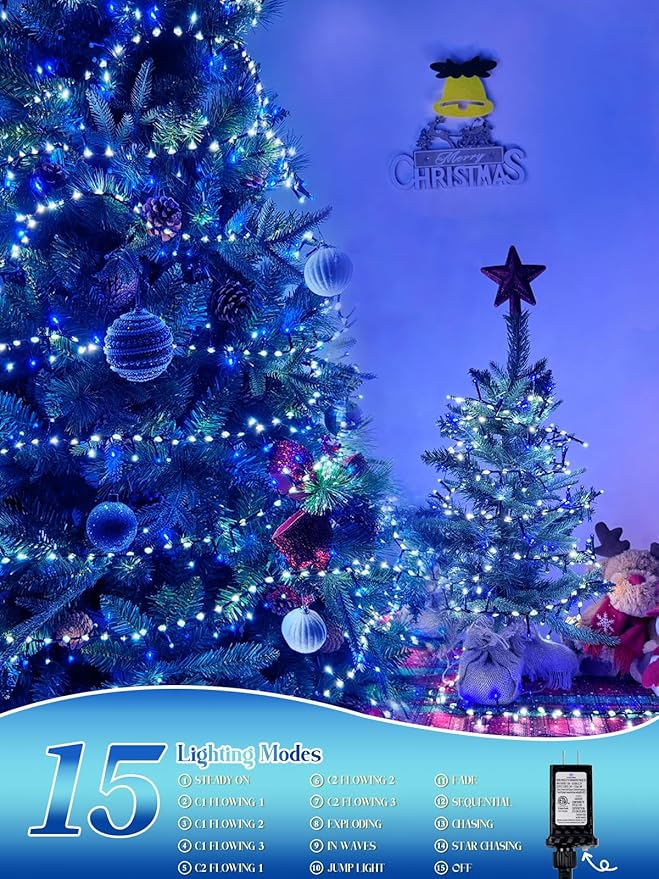 2025 New Christmas Cluster Lights 800 LED with Flowing Twinkling, Firecracker Fairy Lights with 15 Modes & Timer, Waterproof Christmas String Light for Indoor Outdoor Xmas Tree Party Garden Blue White