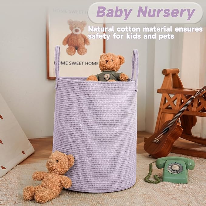 Large Woven Laundry Basket Hamper,60L Cotton Rope Storage Bin for Blankets,Toys and Clothes,Decorative Tall Nursery Hamper for Living Room,Baby Nursery,Bathroom and Bedroom,Purple