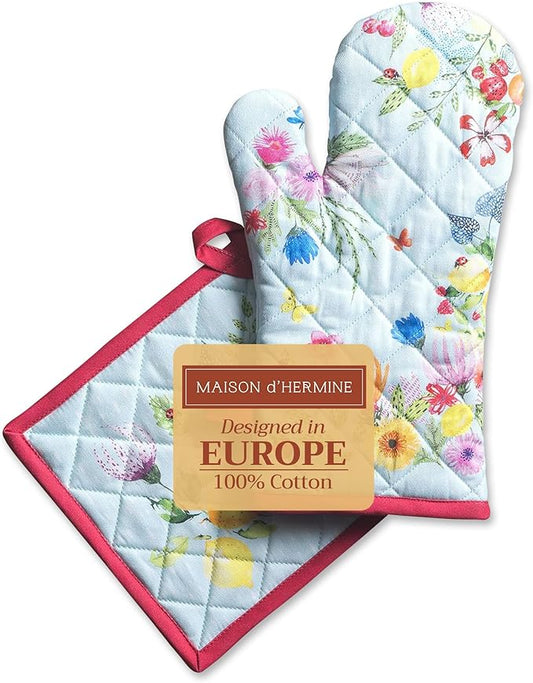 Maison d' Hermine 100% Cotton Oven Mitt & Pot Holder Set (7.5"x13" & 8"x8") Heat Resistant BBQ Cooking Gloves with Loop, Baking, Grilling, Kitchen, Handling Hot Pan Spring/Summer (Jardin D'Ete - Mint)