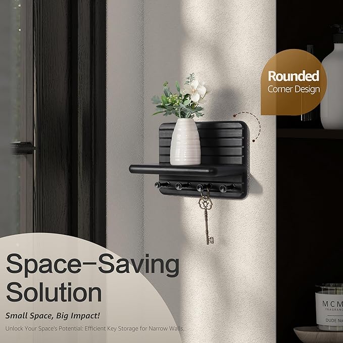 Rebee Vision Small Key Holder Wall Mount for Home Decor – Modern 7-inch Key Rack for Wall with 4 Sturdy Hooks & Mini Floating Shelf - Ideal Home Organization Solution for Small Space (Black)