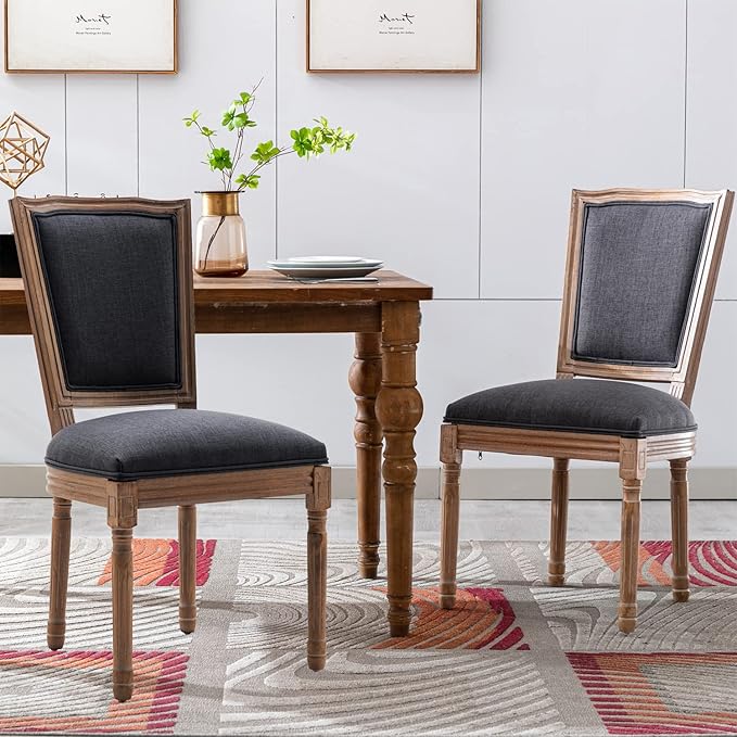 Nrizc Farmhouse Dining Chairs Set of 2, French Dining Chairs with Square Back, Brown Wood Legs, French Bistro Chairs for Dining Room/Living Room/Kitchen/Restaurant, Dark Grey