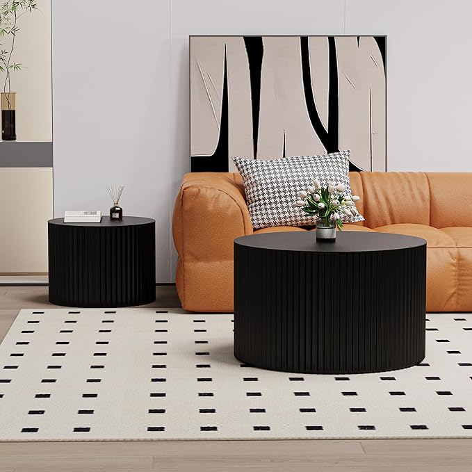 Round Nesting Coffee Table Set of 2, Round Fluted Coffee Tables for Living Room Modern Nesting End Side Tables for Small Spaces (D Black)