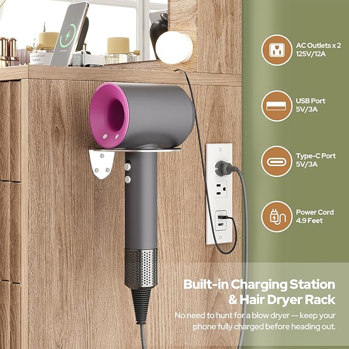 15 Drawers Fluted Vanity Desk with Glass Top, 47" Makeup Vanity with Large Mirror and 12 LED Lights, Dressing Table with Power Outlet for Bedroom, Natural