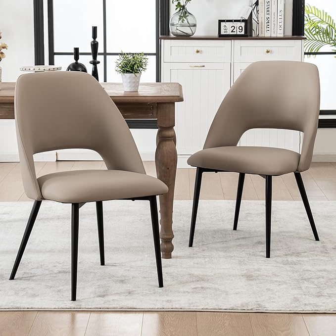 Rowill Dining Chairs Set of 4, Mordern Upholstered Faux Leather Dining Room Chairs, Kitchen Side Chairs with Metal Legs for Guest Reception Waiting Living Room, Khaki