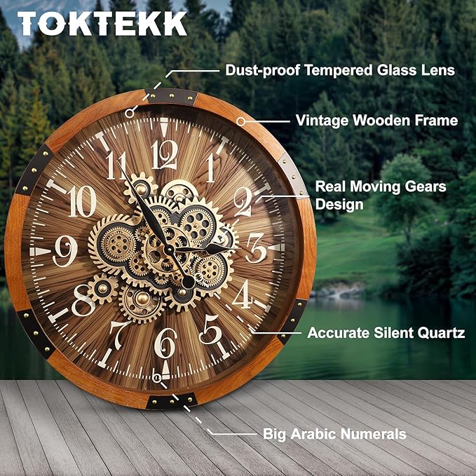 Wall Clocks for Living Room Decor, Large Real Moving Gears Clock, Vintage Industrial Oversized Rustic Farmhouse Kitchen Office Fireplace Wall Decor (Brown, 27 inch)