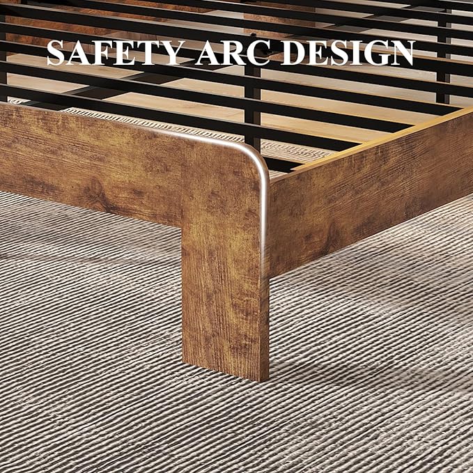 Wooden Bed Frame King Size with Storage Headboard - Farmhouse Platform Bed Frame with Bookcase Shelf & Led Lights, Sturdy Wood Slat Framework Bed Frame (Rustic Brown LED)