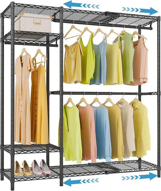VIPEK X20 Expandable Metal Clothing Rack Adjustable from 3'3" to 4'8" Heavy Duty Garment Racks with Adjustable Shelves and Hanger Rods Portable Wardrobe Open Closet Rack System, Black