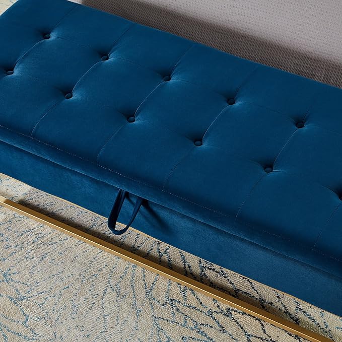 mikibama Velvet Storage Bench,58.6" Long Ottoman with Storage for Living Room,Tufted Storage Benches for Bedroom End of Bed,Entryway,Rectangle Window Seating Bench with Storage. (Velvet Navy)
