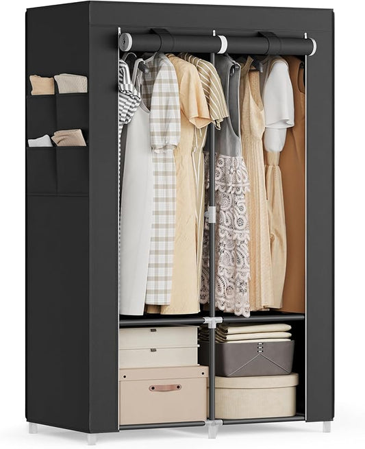 SONGMICS Portable Closet, Wardrobe Closet Organizer with Cover, 2 Hanging Rods and Shelves, 4 Side Pockets, 33.9 x 17.7 x 65.7 Inches, Large Capacity for Bedroom, Living Room, Ink Black URYG091B01