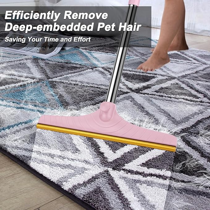 B-Land Carpet Rake for Pet Hair Removal, Reusable Pet Hair Remover with 60” Adjustable Long Handle, Carpet Scraper Dog Cat Hair Remover Tool for Rugs, Mats, Couch, Furniture Pink