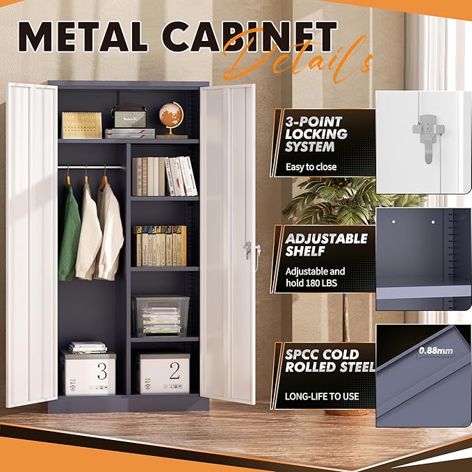 INTERGREAT Metal Wardrobe Closet, 72" Locking Storage Wardrobe Cabinet with White Doors and Shelves, 18 "D x 36" W Steel Clothes Storage for Office, Home, School, Gym (White Grey)