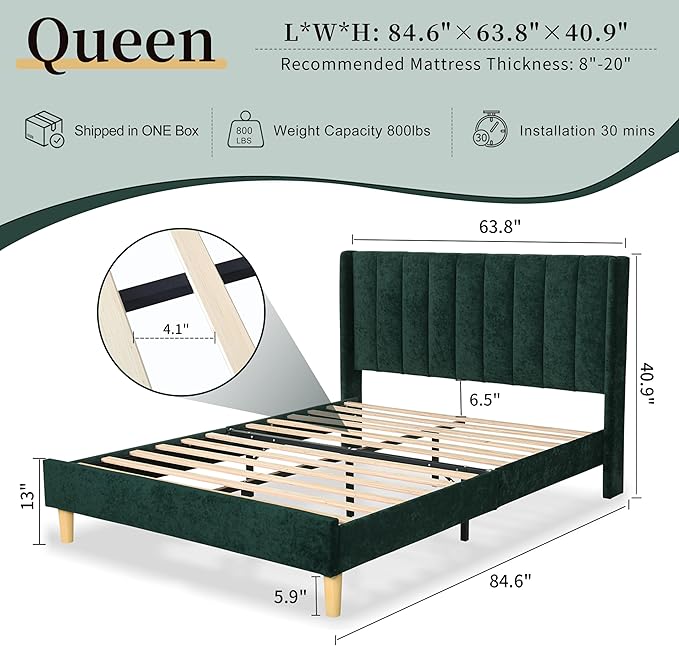 Queen Size Upholstered Platform Bed Frame with Modern Wingback & Vertical Panel Headboard, Velvet Fabric, Wooden Legs & Slats Support, No Box Spring Needed, Noise-Free & Easy Assembly, Ink Green