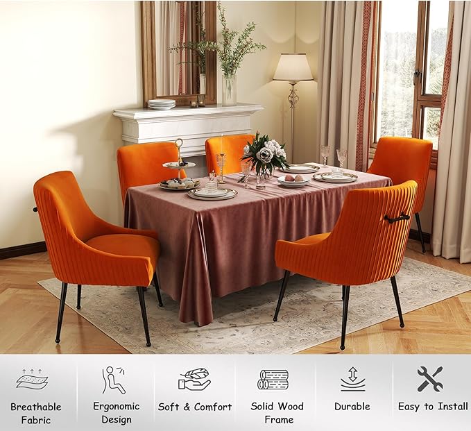 Velvet Dining Chairs Set of 6,Orange Upholstered Living Room Chairs with Black Metal Legs, Modern Tufted Accent Chairs for Living Room, Study Room, Kitchen