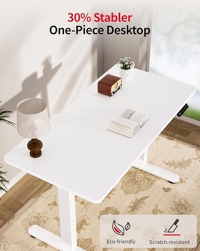 Okin Standing Desk Electric Adjustable Computer Whole Piece Stand up Desk Office Gaming Home Office Memory Desks 48x24 inches White