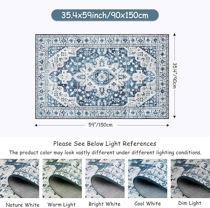 Moynesa Ultra-Thin Washable Area Rug - 3x5 Blue Kitchen Rugs Washable Rugs for Entryway Non Slip Front Door Mat, Non Shedding Low Pile Lightweight Indoor Carpet for Dorm Basement Foyer Living Room
