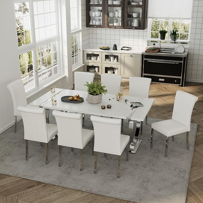 ACEDÉCOR 80" White and Silver Dining Table for 6-8, Modern Large Rectangular Lacquer Top and Chrome Metal U Shaped Base