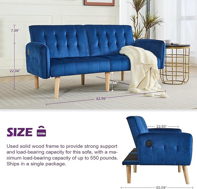 TYBOATLE 65" W Velvet Modern Convertible Folding Futon Couch Sofa Bed w/ 2 USB Charging Ports for Compact Living Space, Small Couches for Office, Dorm, RV Room, Apartment, Bedroom (Navy Blue)
