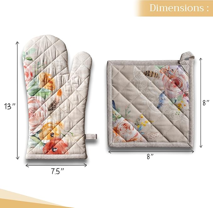 Maison d' Hermine 100% Cotton Oven Mitt & Pot Holder Set (7.5"x13" & 8"x8") Heat Resistant BBQ Cooking Gloves with Loop, Baking, Grilling, Kitchen, Handling Hot Pans Spring/Summer (Ibiza - Beige)