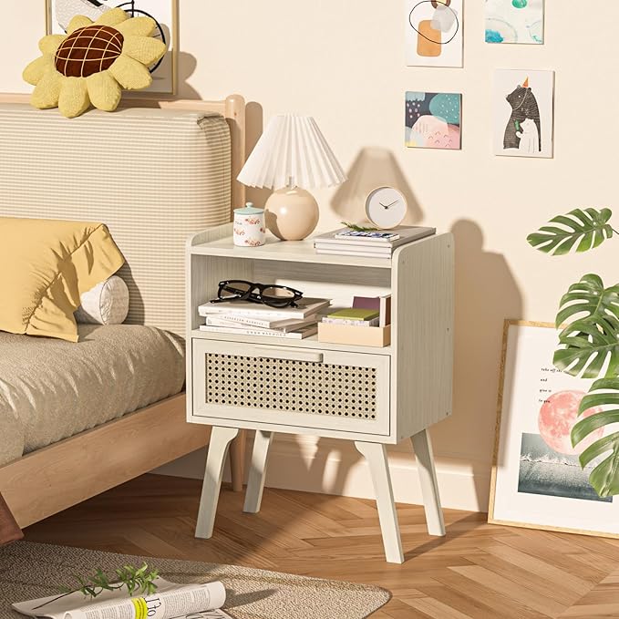 Lerliuo Rattan Nightstands Set of 2, Side Table with Drawer Open Shelf, Cane Accent Bedside End Table, Mid Century Modern Night Stand for Bedroom, Dorm and Small Spaces (Grey White)