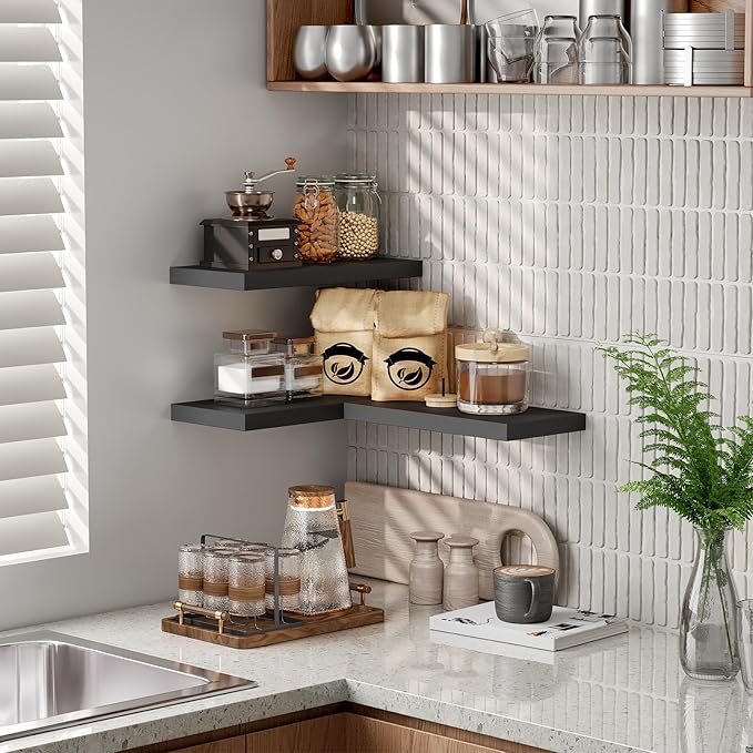 Floating Shelves for Wall, 1.5" Thick Wall Shelf Set of 3 with Invisible Brackets, 15.7L x 7.9W Hanging Book Shelves Farmhouse Home Decor for Bathroom, Living Room, Bedroom, Black 4301BJP3BK