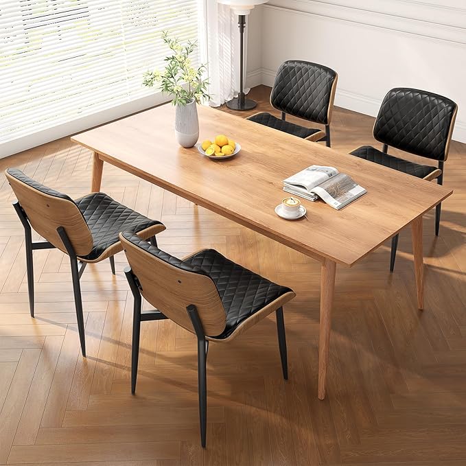 Dining Chairs Set of 4, Mid-Century Modern Upholstered PU Leather Chairs with Walnut Back and Metal Legs Adjustable Feet for Kitchen Dining Room, Black Diamond Plaid