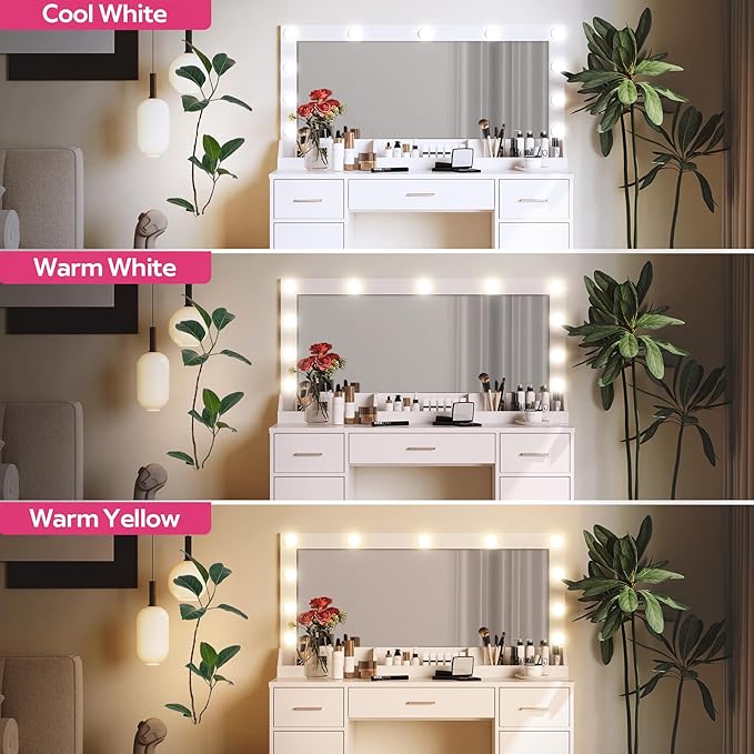 MIRROTOWEL 47.5” Vanity Desk with Large Mirror, 3 Colour Lighting Modes, Adjustable Brightness, Dresser with 3 Drawers & 2 Vertical Cabinets, Makeup Vanity Table for Women Girls