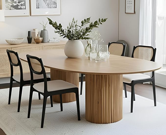 EALSON Mid Century Modern Rattan Dining Chairs Set of 4 Upholstered Linen Dining Room Chairs with Cane Back Farmhouse Kitchen Chairs Comfy Side Chairs with Black Wood Frame,Beige