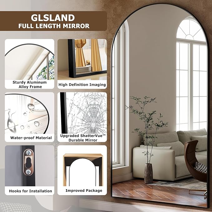 GLSLAND-77 x38 Arched Full Length Mirror - Oversize Floor Mirrors Aluminum Alloy Frame Full Body Dressing Mirror for Bedroom Living Room,Black