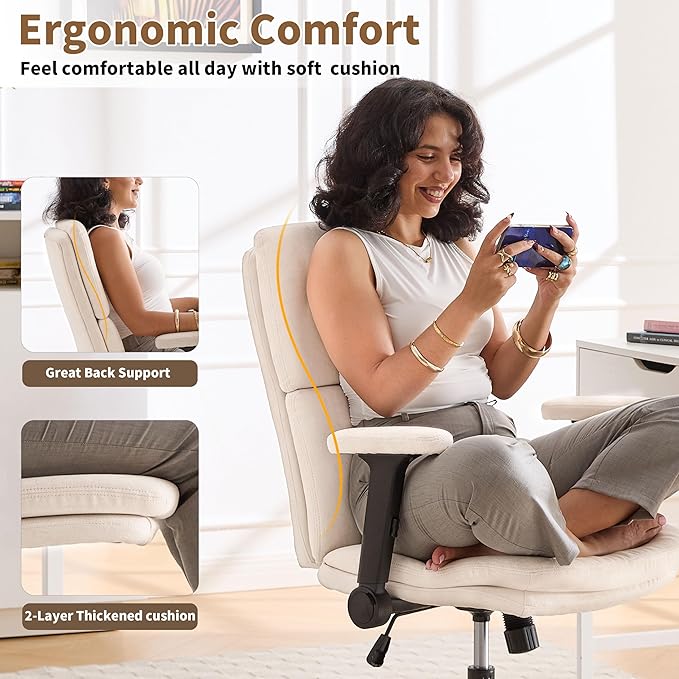 Office Chair Adjustable Desk Chair Mid Back Comfortable Linen Ergonomic Back Support Home Computer Chair with Padded 2D Flip-up Armrest Swivel Wheels (Beige)