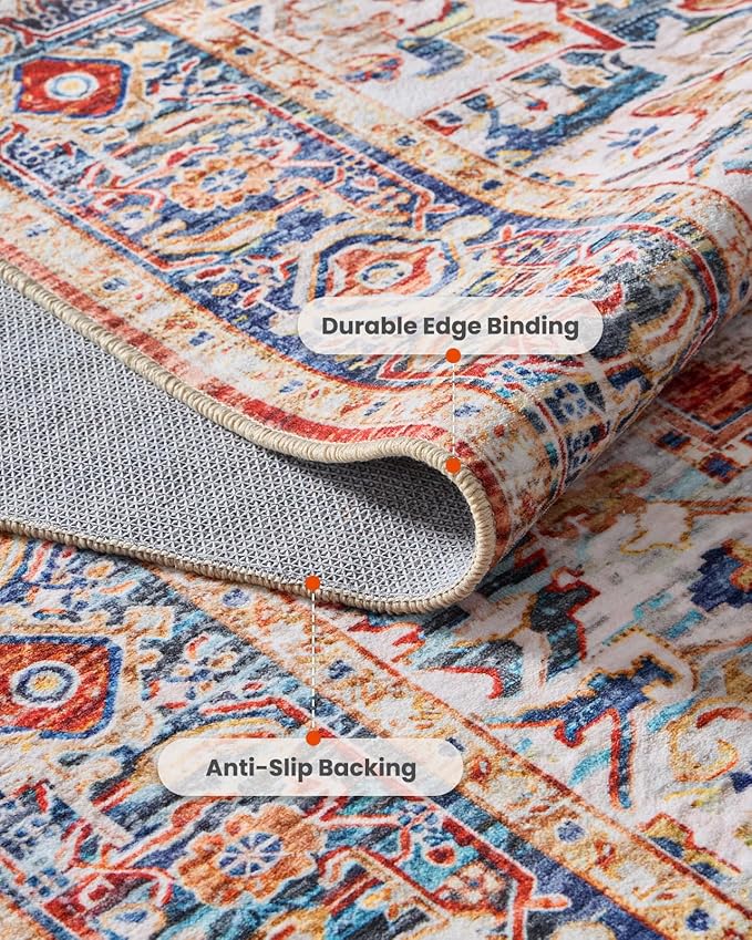 AMADA HOMEFURNISHING 9x12 Washable Area Rug, Low-Profile Large Area Rug with Non-Slip Backing & Durable Edge Binding, Vintage Large Rugs for Living Room, Bedroom & Dinning Room