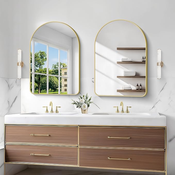 Arched Bathroom Mirror, 26"x38" Gold Arched Mirror for Bathroom, Wall Mounted Mirror, Vanity Wall Mirror Metal Frame for Bedroom, Entryway, Living Room, Hanging or Leaning Against Wall