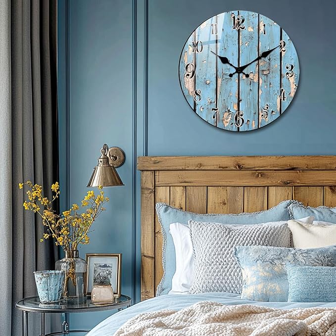 Rustic Wooden Wall Clock for Bedroom Decor - 10 Inch Round Silent Clocks with Sea Mew Design Small Coast Wall-Clock Battery Operated for Farmhouse, Kitchen