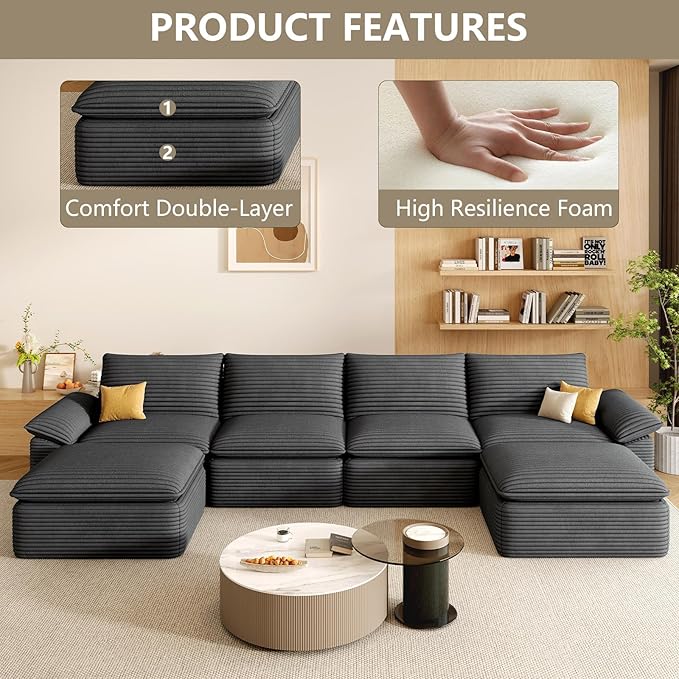 142" Cloud Sectional Couch with U-Shaped Chaise, Corduroy Sectional Sofa with Ottoman, Boneless Couch with Deep Seat in a Box for Living Room, No Assembly Required (Dark Grey)