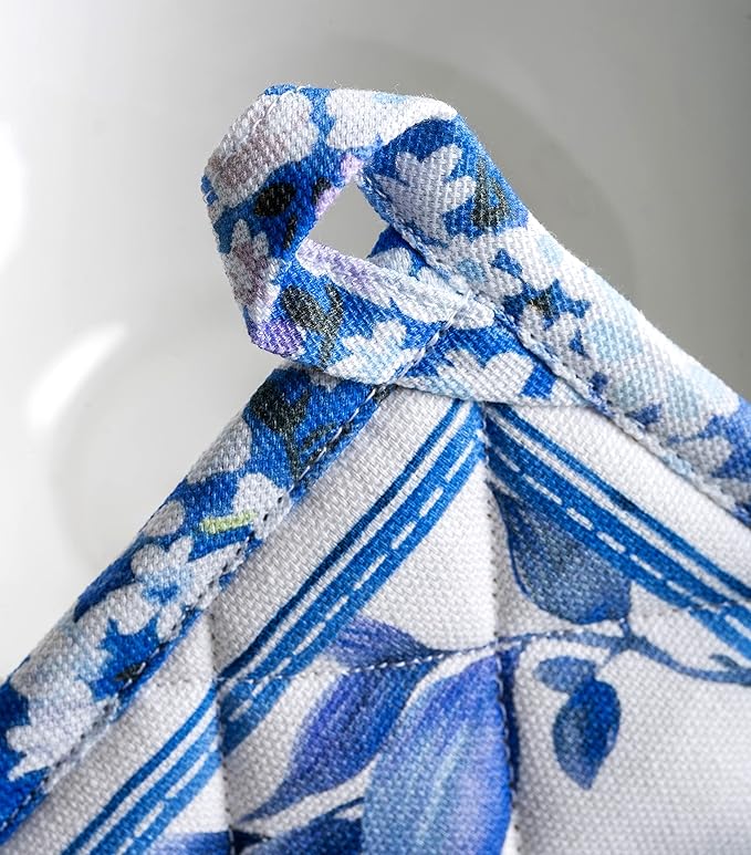 Maison d' Hermine Pot Holders Set 100% Cotton Heat Resistant Potholders 8" x 8" Hot Pads with Loop BBQ, Cooking, Baking, Grilling, Kitchen, Handling Hot Pans Spring/Summer (Pack of 2, Summer Blues)