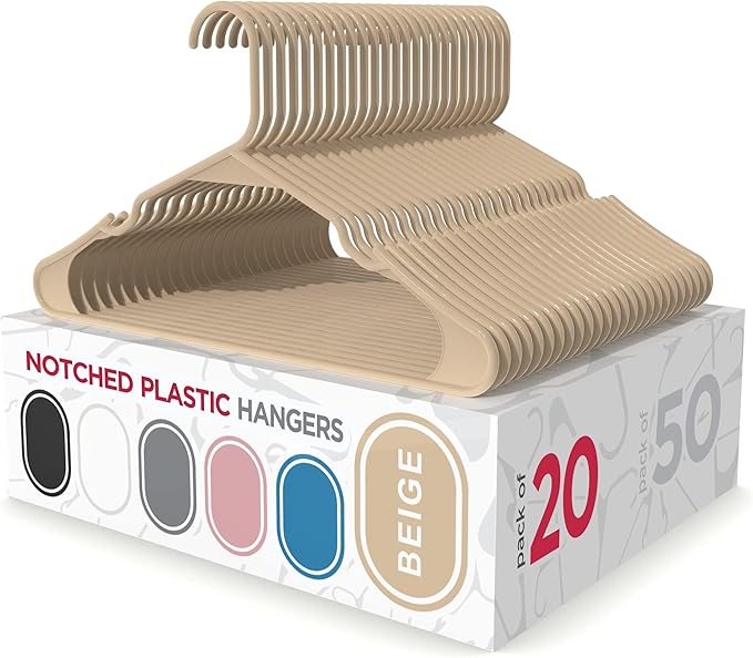 Sharpty Plastic Hangers Clothes Hangers for Clothing, Closet, Coats & Shirts - Notched, Durable, Thick, Tough & Space Saving - for Everyday Standard Use, Room Essentials & Basics - 20 Pack - Beige