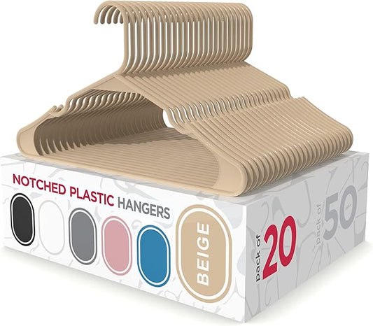 Sharpty Plastic Hangers Clothes Hangers for Clothing, Closet, Coats & Shirts - Notched, Durable, Thick, Tough & Space Saving - for Everyday Standard Use, Room Essentials & Basics - 20 Pack - Beige