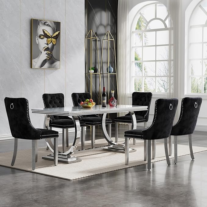 Goujxcy 7 Piece Marble Dining Table Set for 6, Luxury 70" White Marble Silver Kitchen Table with 6 Black Velvet Upholstered Chairs, Modern 6 Person Dining Room Table Set for Kicken Dining Office Room