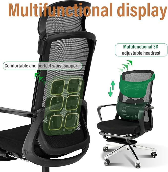 Ergonomic Office Chair with Footrest,High Back Desk Chair with Vertically Adjustable Headrest and Waist Support,3 Gear Tilting Backrest,400lbs Weight Capacity Metal Base with Swivel Wheels