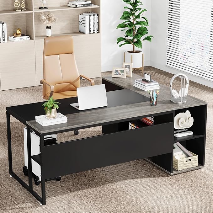 LITTLE TREE Large Executive Desk with File Cabinet, 71 inch L Shaped Computer Desk Office Desk with Drawers and Storage Shelves, Business Furniture Desk Workstation for Home Office, Grey