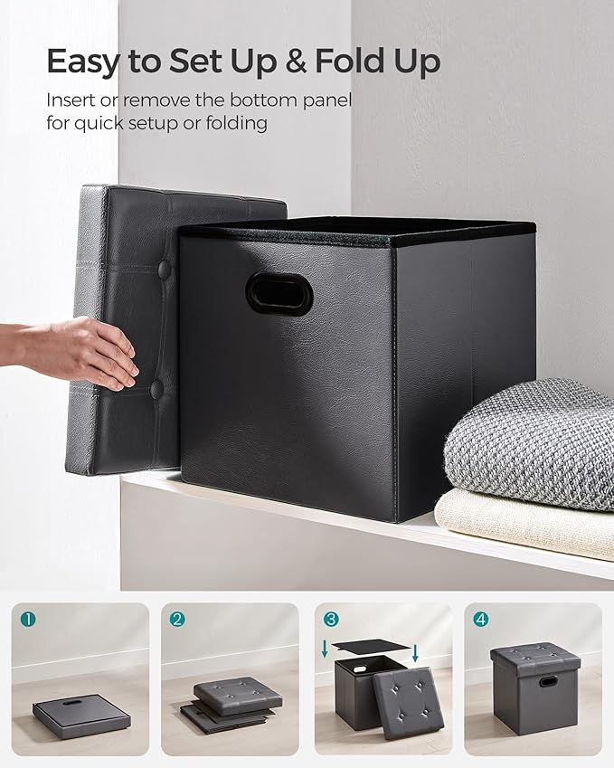 SONGMICS Mazie Collection - 15 Inches Ottoman with Storage, Footstool, Storage Ottoman with Metal Grommet Handles, Load 660 lb, for Dorm, Living Room, Bedroom, Synthetic Leather, Dark Gray ULSF030G01