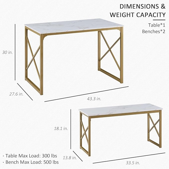 VECELO Kitchen Dining Table Benches Set for 4, 43.3" Wooden Dinette with 2 Benches, Heavy-Duty Dining Room Table for Small Space, Breakfast Nook, Gold