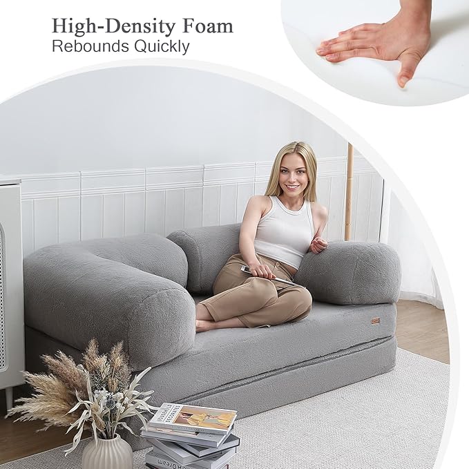 COMAX Folding Sofa Bed Queen, Foldable Couch Bed, Fold Out Futon Chair Sleeper for Adults, Convertible Floor Mattress Sofa for Bedrooom Living Room Guest Room, Faux Fur Grey