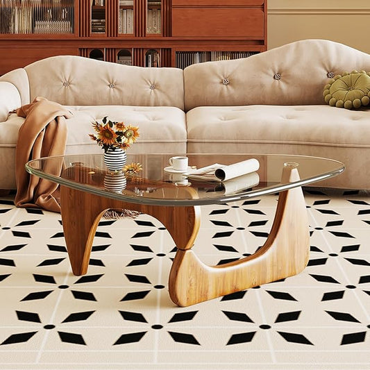 Coffee Table for Living Room Mid Century Modern Center Table with Glass Top and Wood, Transparent/Walnut