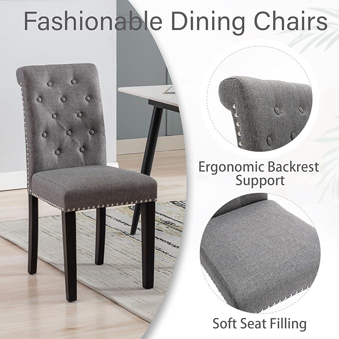 Westice Dining Room Chairs Set of 4 Upholstered Fabric Kitchen Chairs Dining Room Side Chair with Nailhead Trim and Rubber Wood Legs for Small Space Apartment, Gray