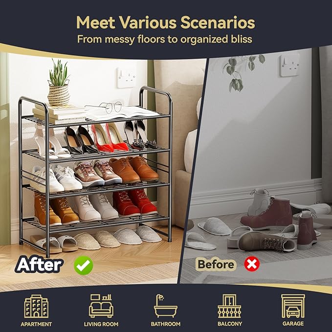 Stackable Shoe Rack, 4 Tier Closet Metal Shoe Organizer for Storage Shelf for Entryway, Bedroom, Holds up to 20 Pairs Shoes, Black